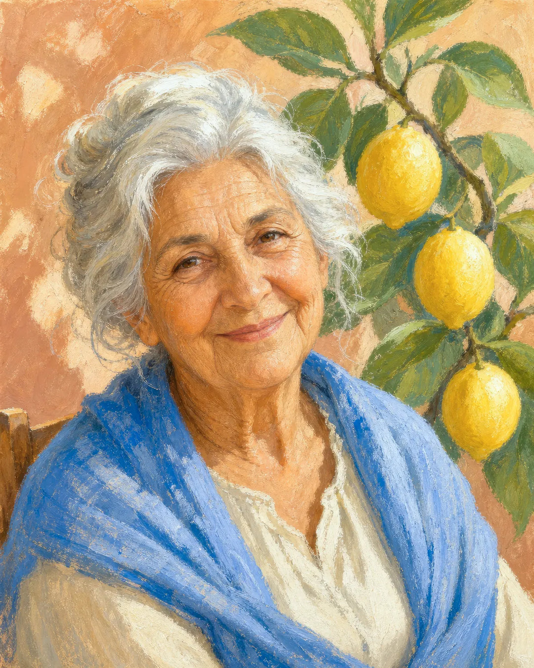 Nonna's Lemon Grove diamond painting kit - grandmother in a blue shawl beside a lemon tree