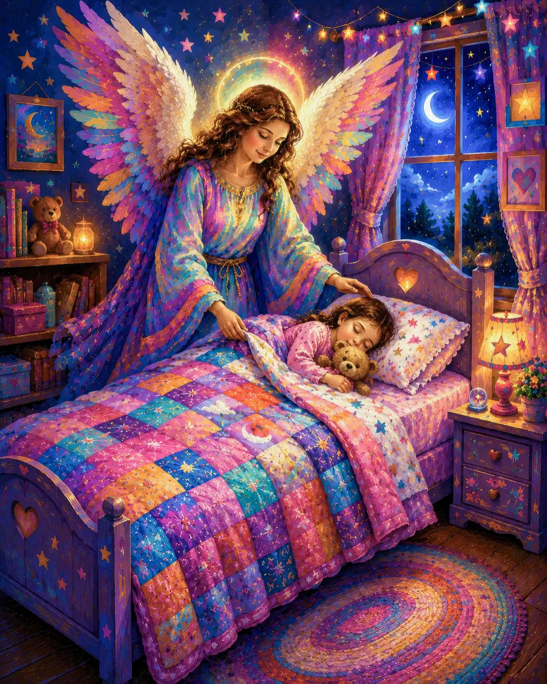 Guardian angel diamond painting kit featuring a winged angel watching over a sleeping child at night