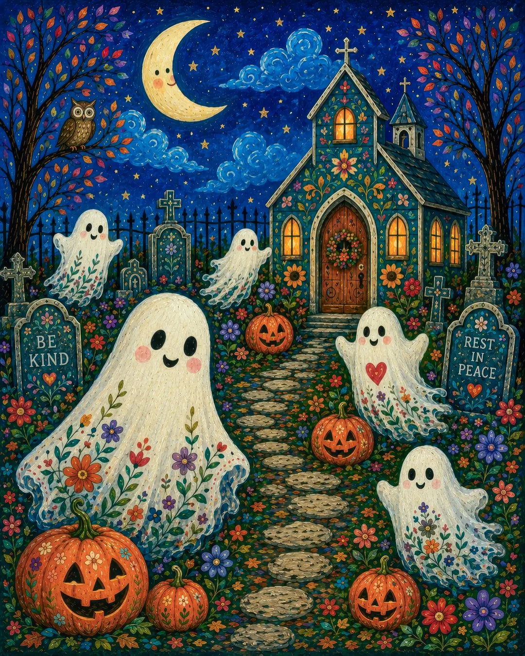 Sweet Little Spirits diamond painting kit - whimsical ghosts and jack-o-lanterns at a folk-art chapel