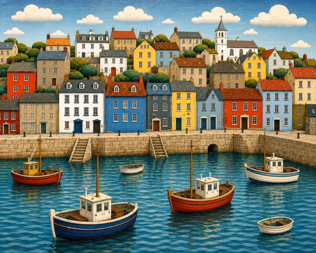 Harbor town diamond painting kit featuring colorful hillside houses above a boat-filled harbor in folk-art style