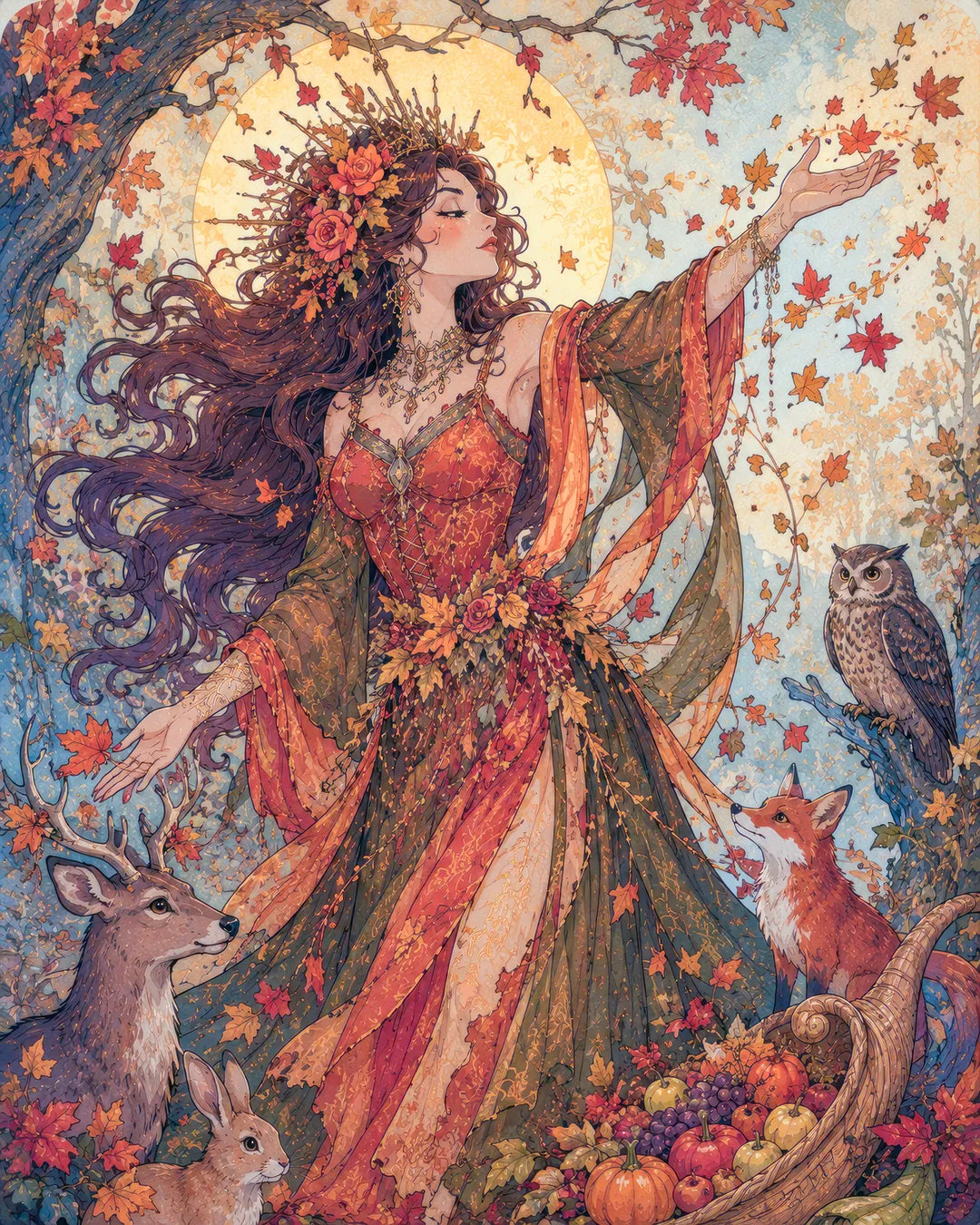 Keeper of the Harvest diamond painting kit - autumn goddess with deer, fox, owl, and cornucopia under a full moon
