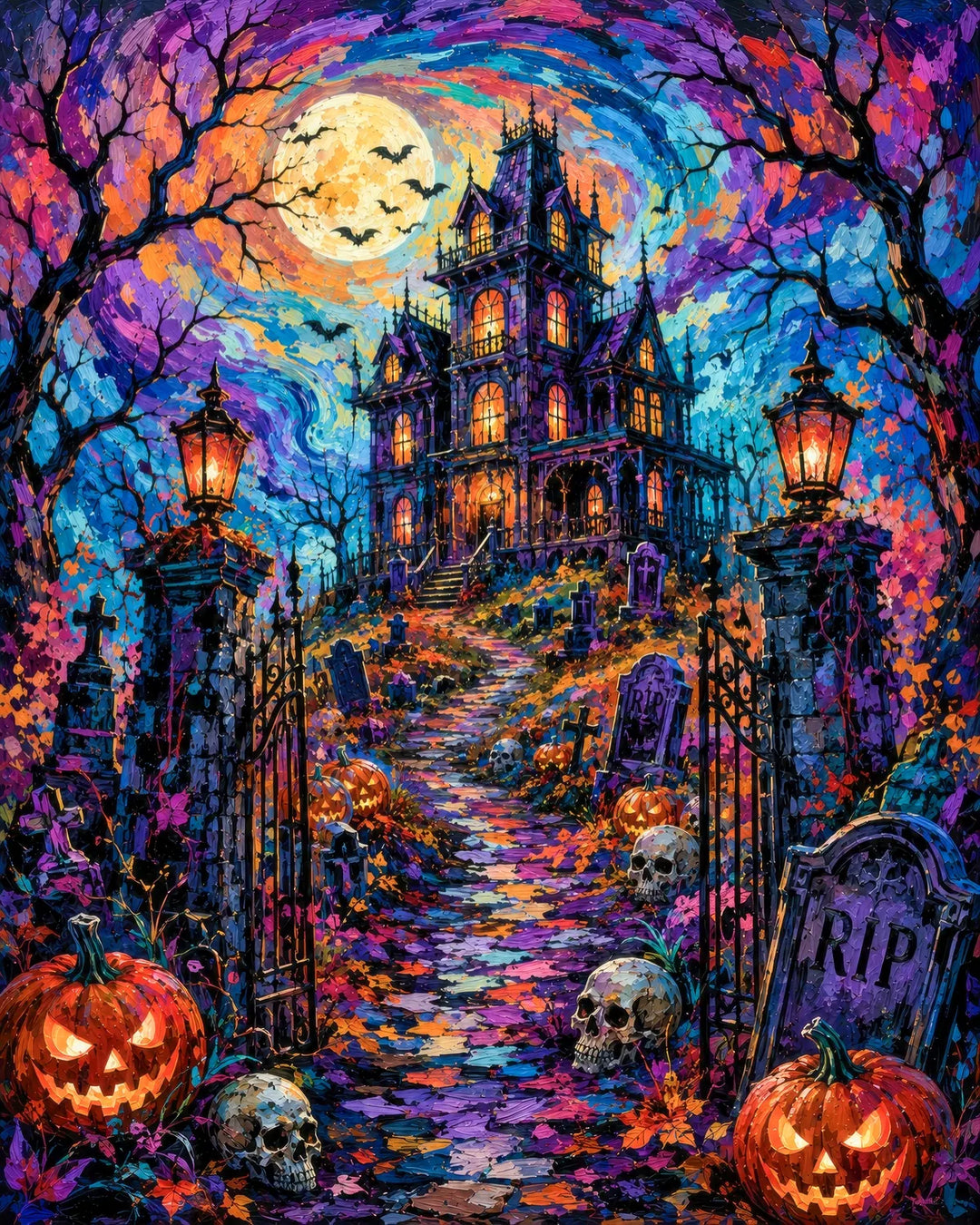 Haunted Manor Gates diamond painting kit - glowing haunted mansion beyond a graveyard path with jack-o-lanterns and skulls