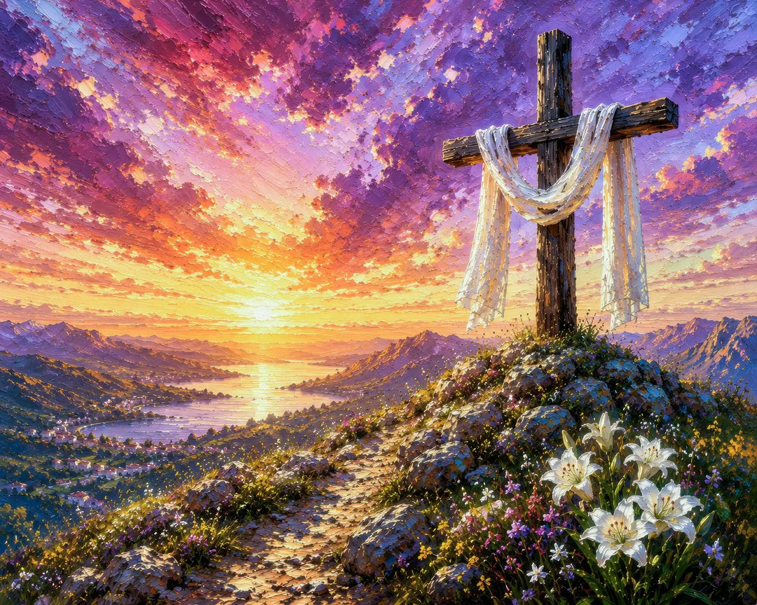 He Is Risen diamond painting kit featuring a cloth-draped cross on a flowering hilltop at sunrise with lilies