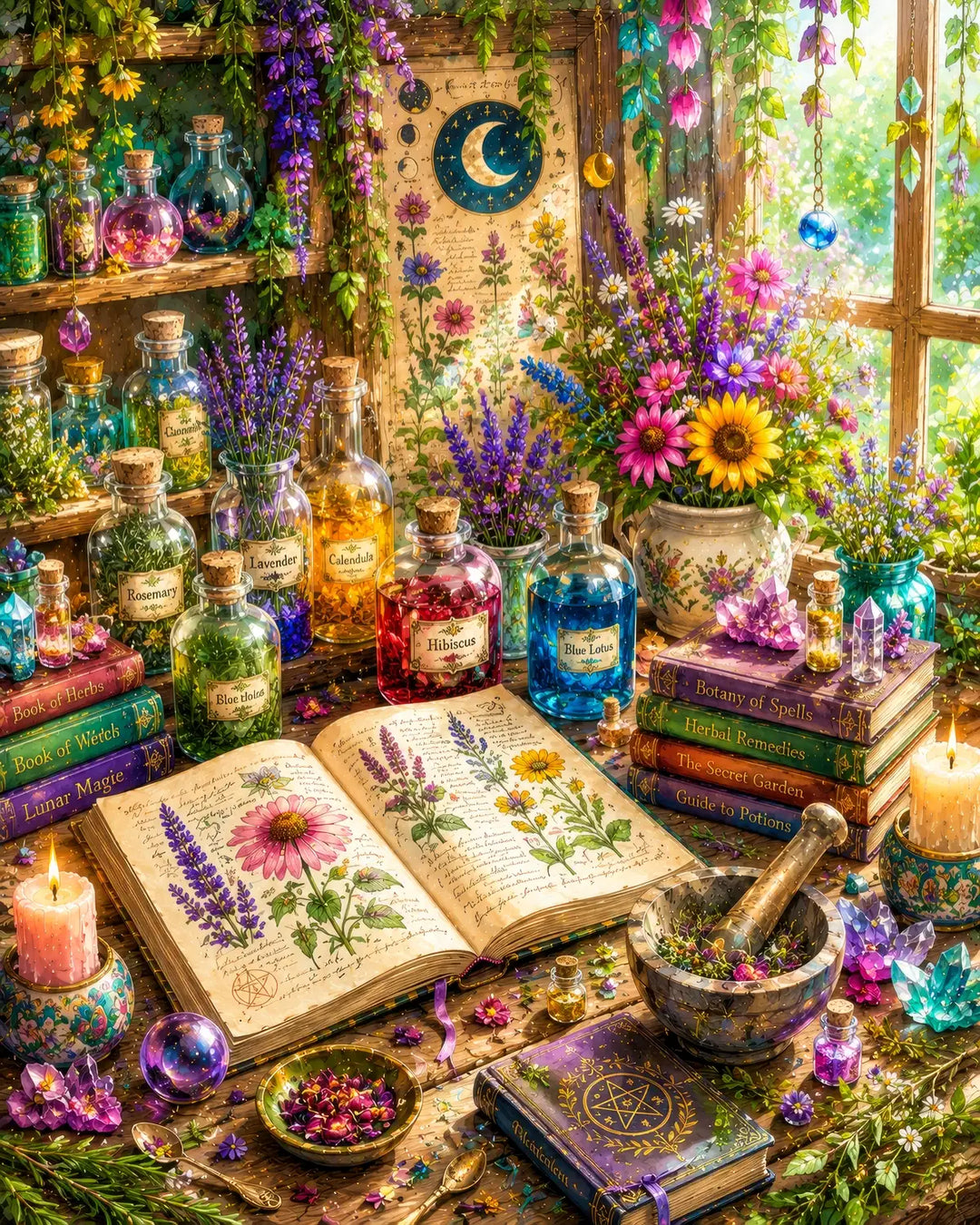 Herbalist's table diamond painting kit featuring potion bottles, herbs, spell books, and crystals