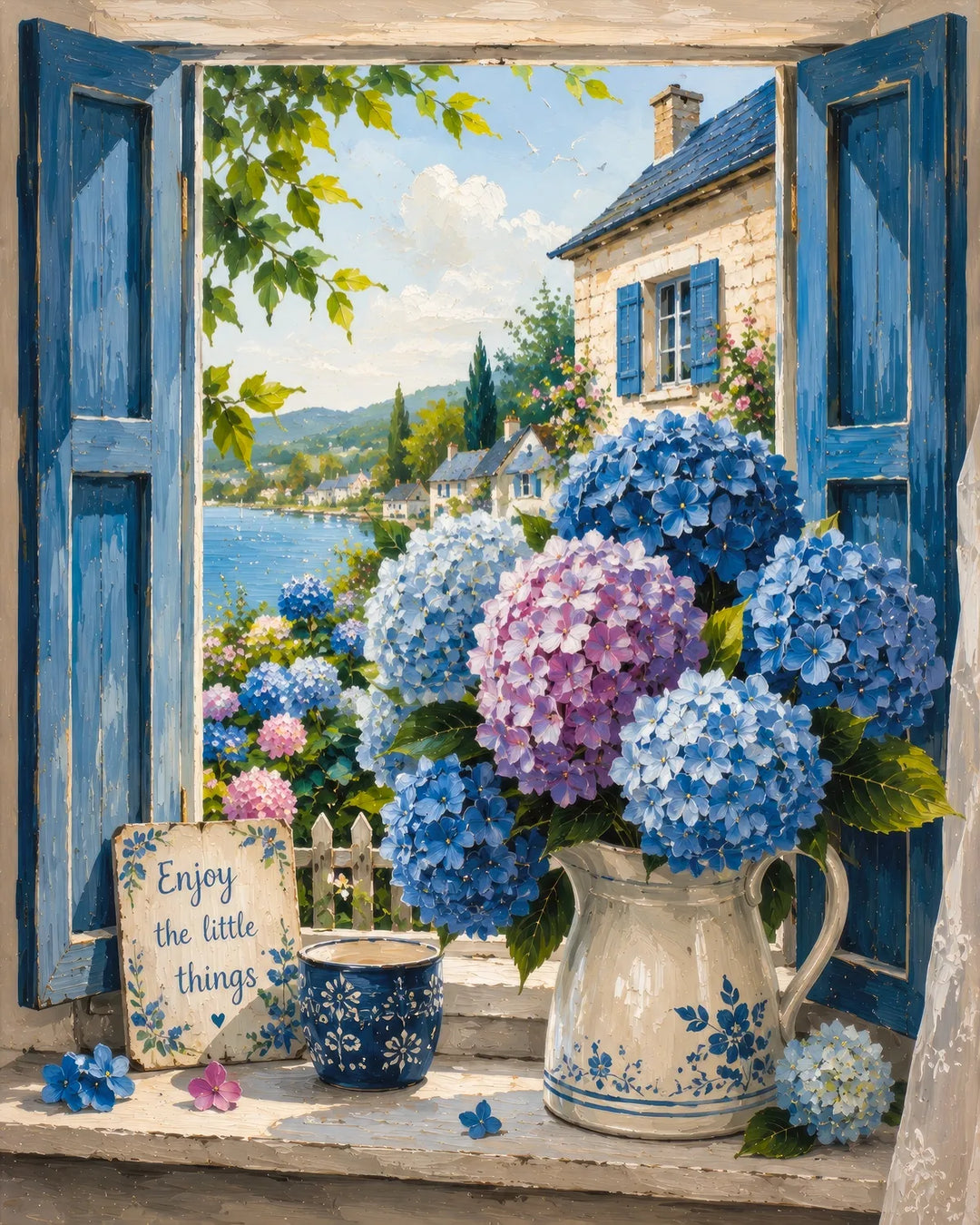 Hydrangea window diamond painting kit featuring blue and pink hydrangeas by a coastal village view
