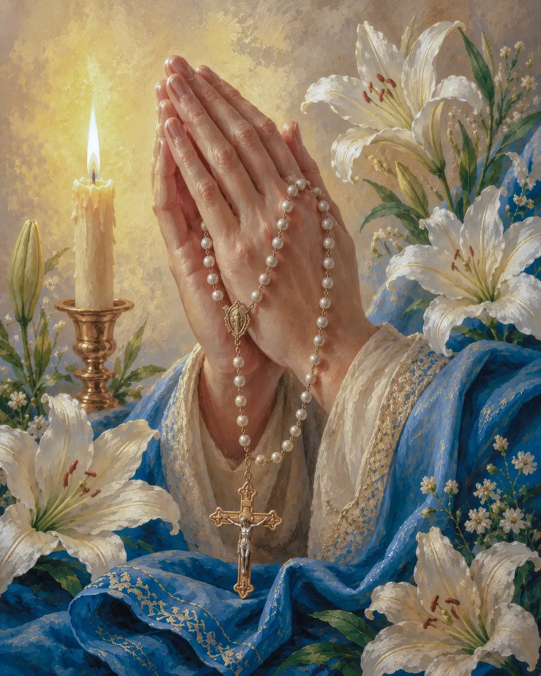 In Prayer diamond painting kit featuring hands with a rosary beside a candle and white lilies