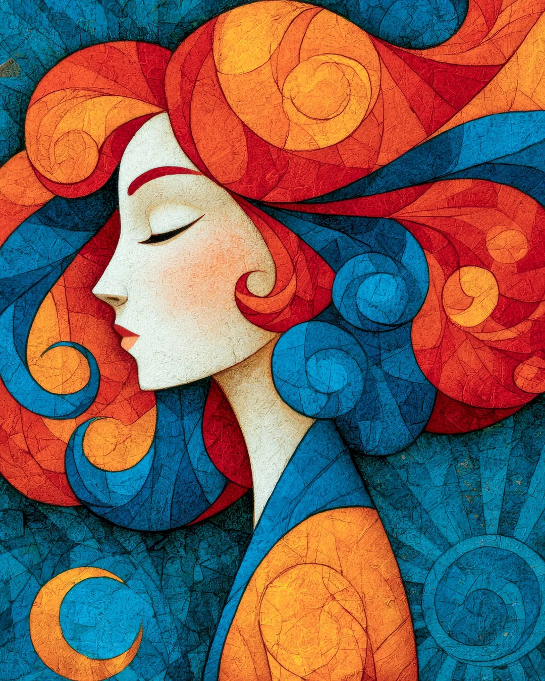 Inner Peace diamond painting kit featuring a serene woman with flowing hair in swirling red and blue art-deco style
