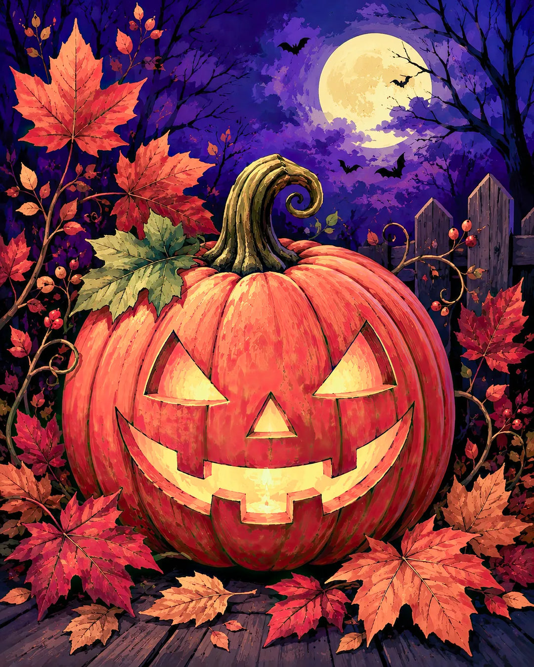 The Watchful Pumpkin diamond painting kit - glowing carved jack-o-lantern among autumn leaves under a purple moon
