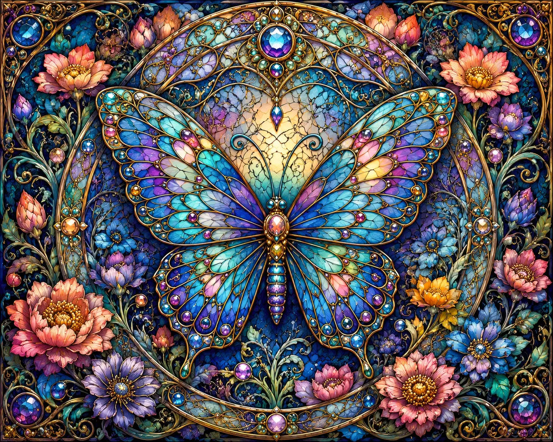 Jeweled butterfly diamond painting kit featuring iridescent blue and gold wings among gemstones and flowers