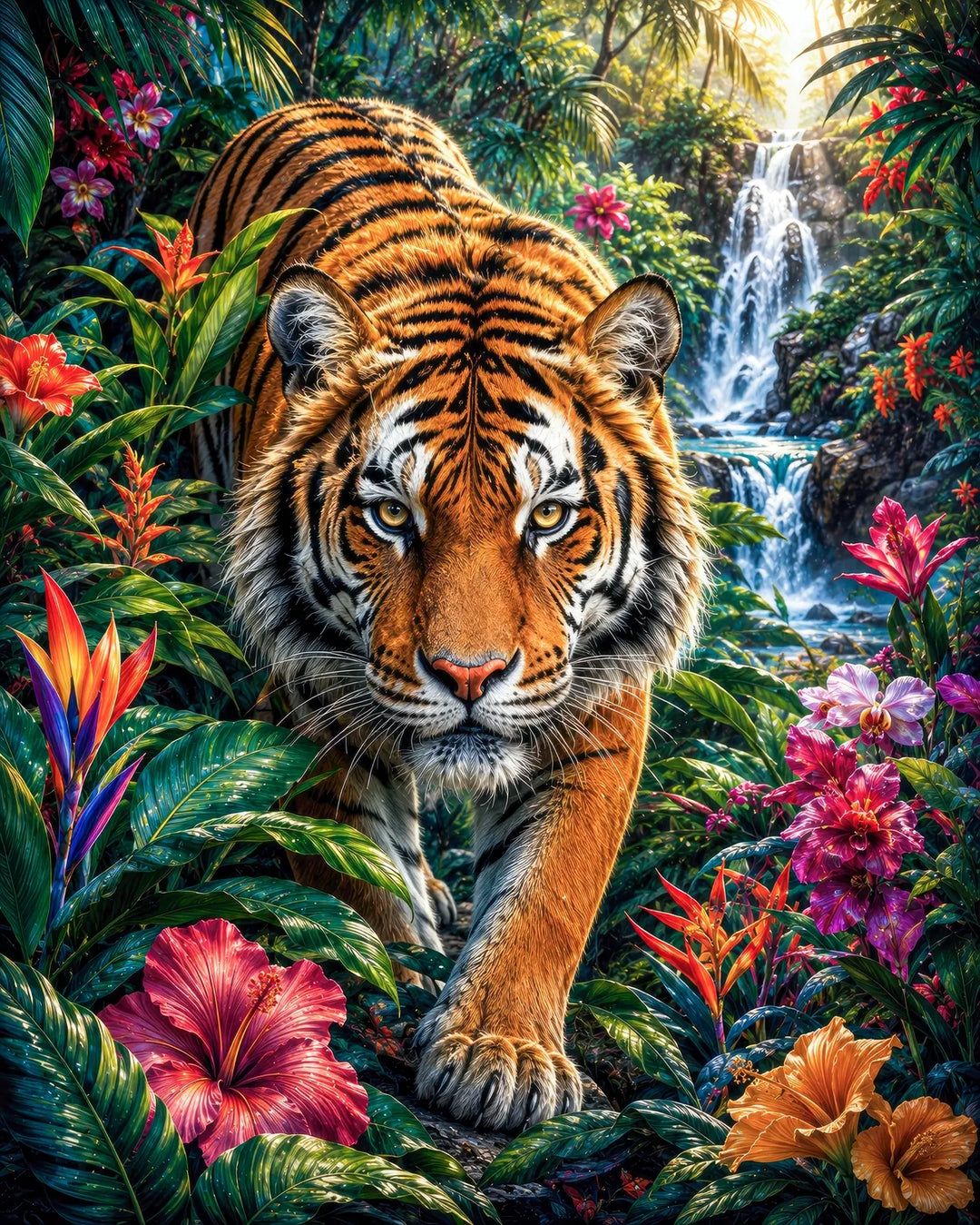 Jungle tiger diamond painting kit showing a Bengal tiger prowling through tropical flowers and a waterfall