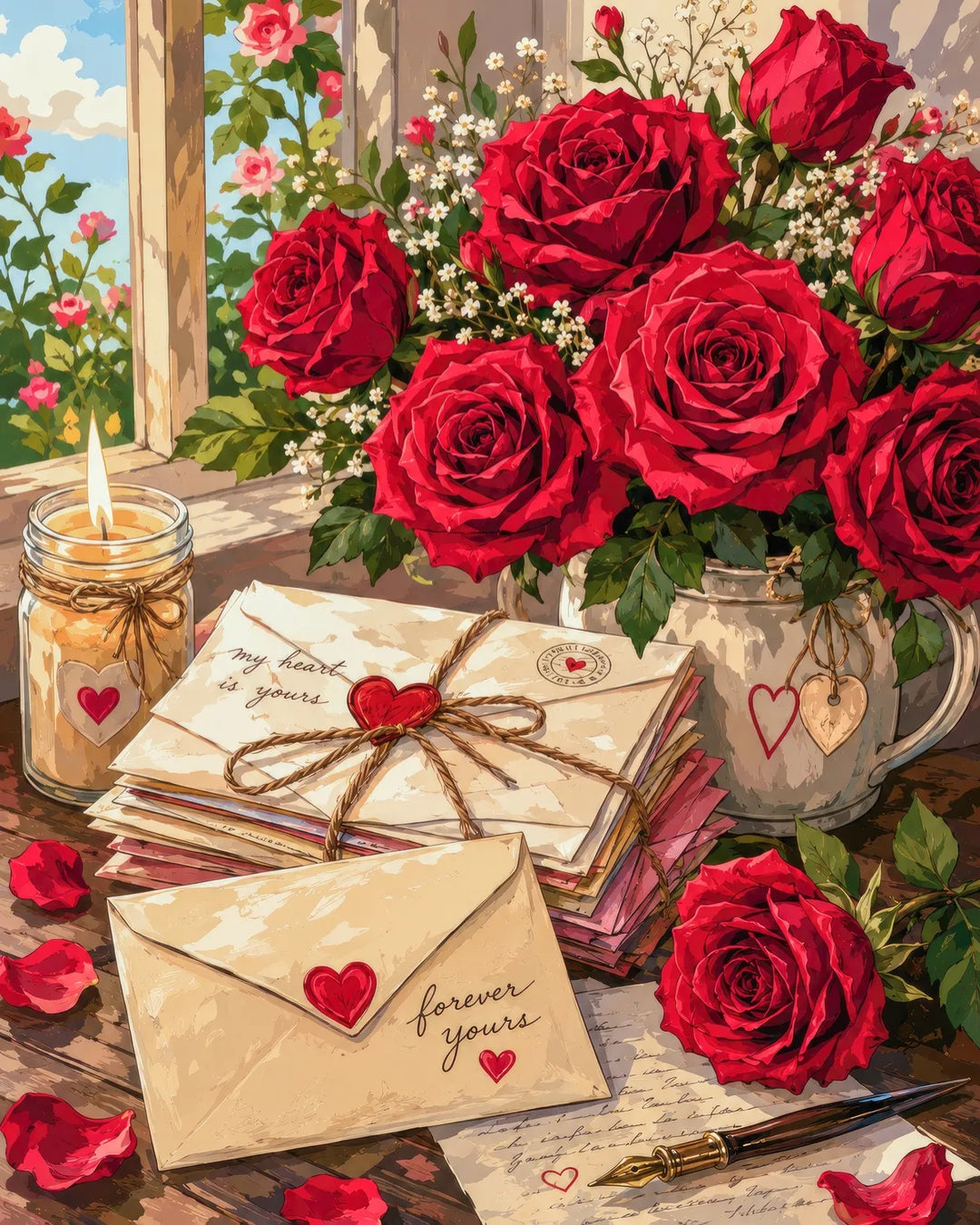 Love letters diamond painting kit featuring red roses, tied love letters, and a candle by a window