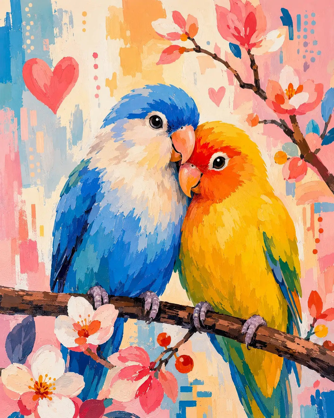 Lovebirds in Bloom diamond painting kit - blue and yellow lovebirds on a cherry blossom branch