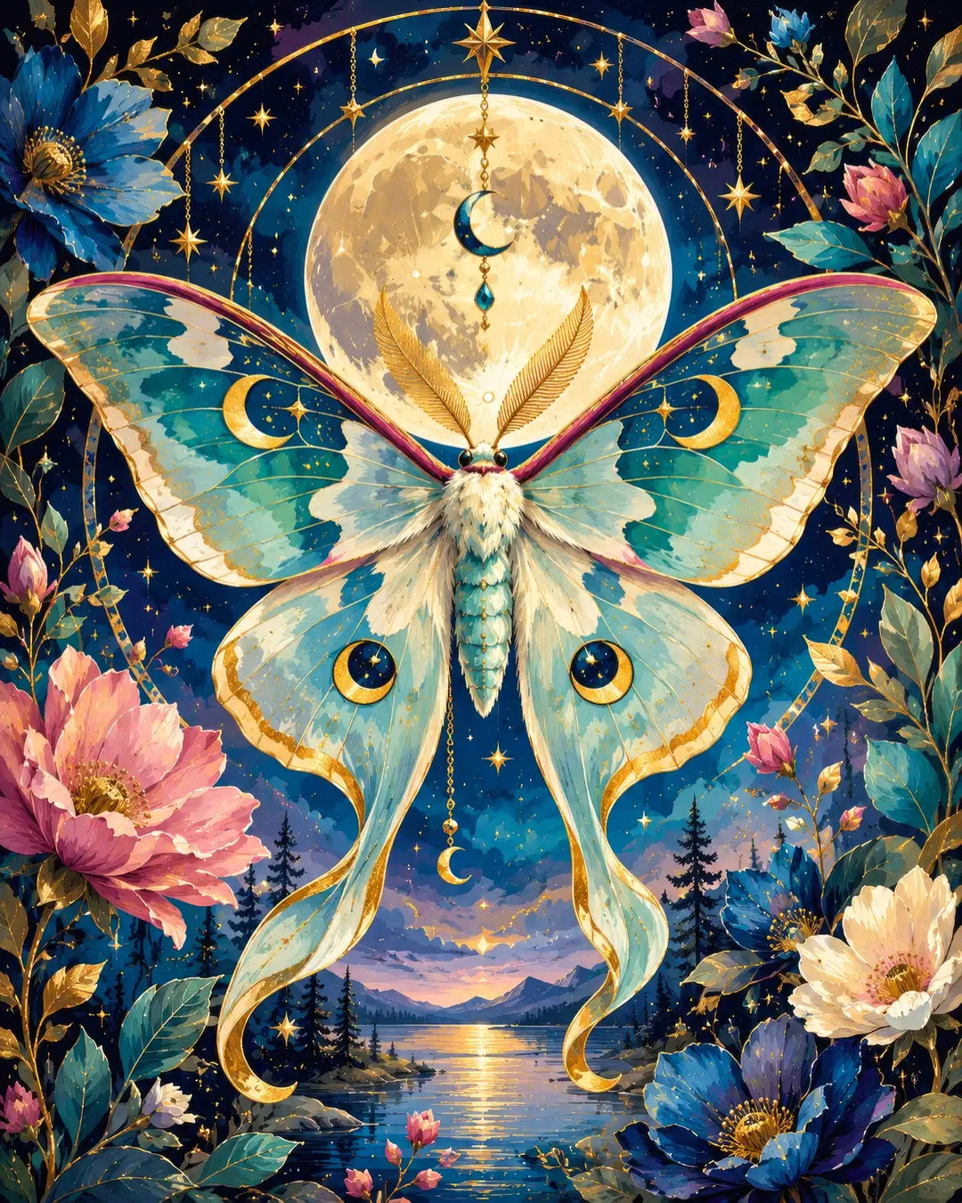 Luna moth diamond painting kit featuring a green moth under a full moon with celestial florals
