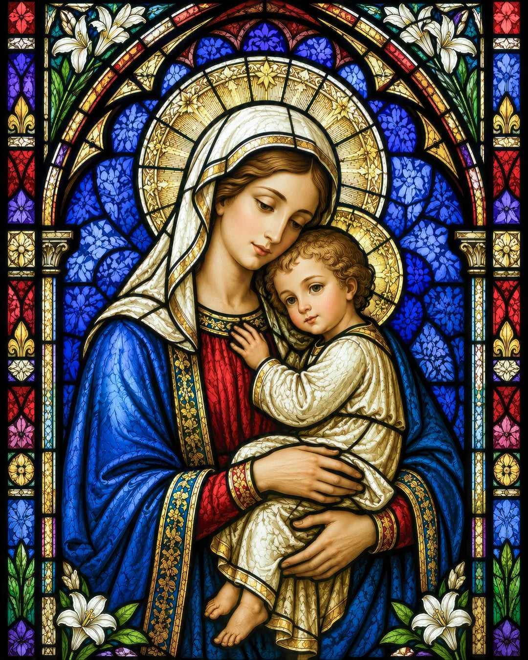 Madonna and Child diamond painting kit featuring a stained-glass Mary holding baby Jesus with golden halos and lilies