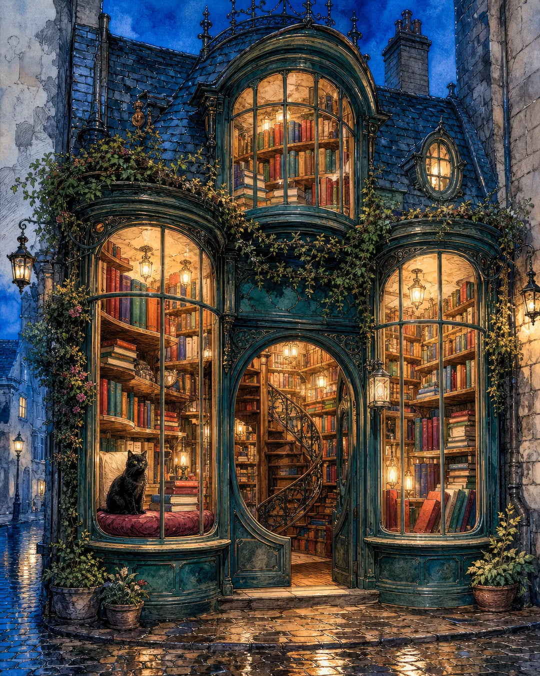 Between the Shelves diamond painting kit - magical curved-glass bookshop with a black cat in the window
