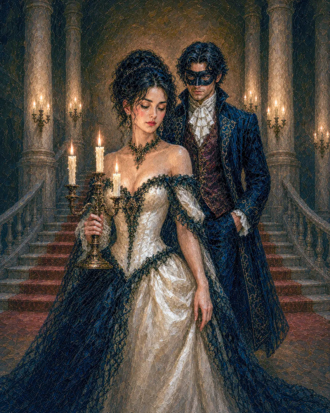 Behind the Mask diamond painting kit - masked couple on a candlelit marble staircase
