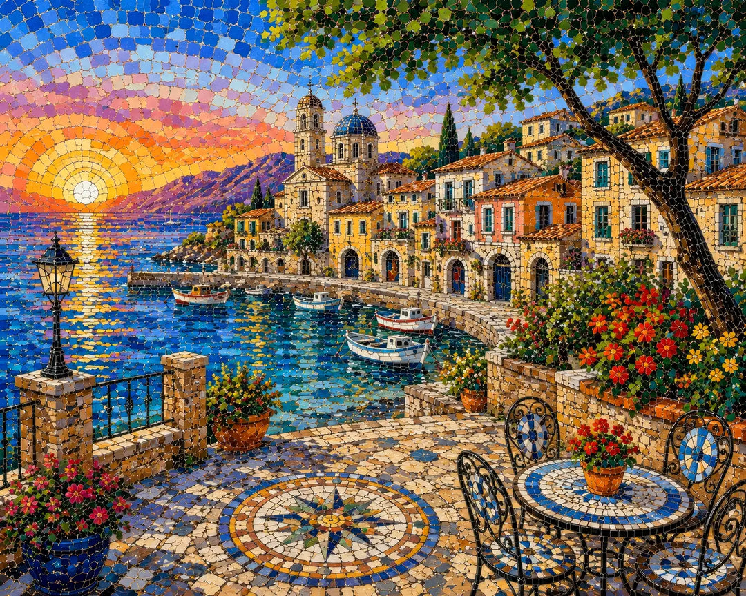 Mediterranean harbor diamond painting kit featuring stone cottages, fishing boats, and a sunset over the sea in mosaic style
