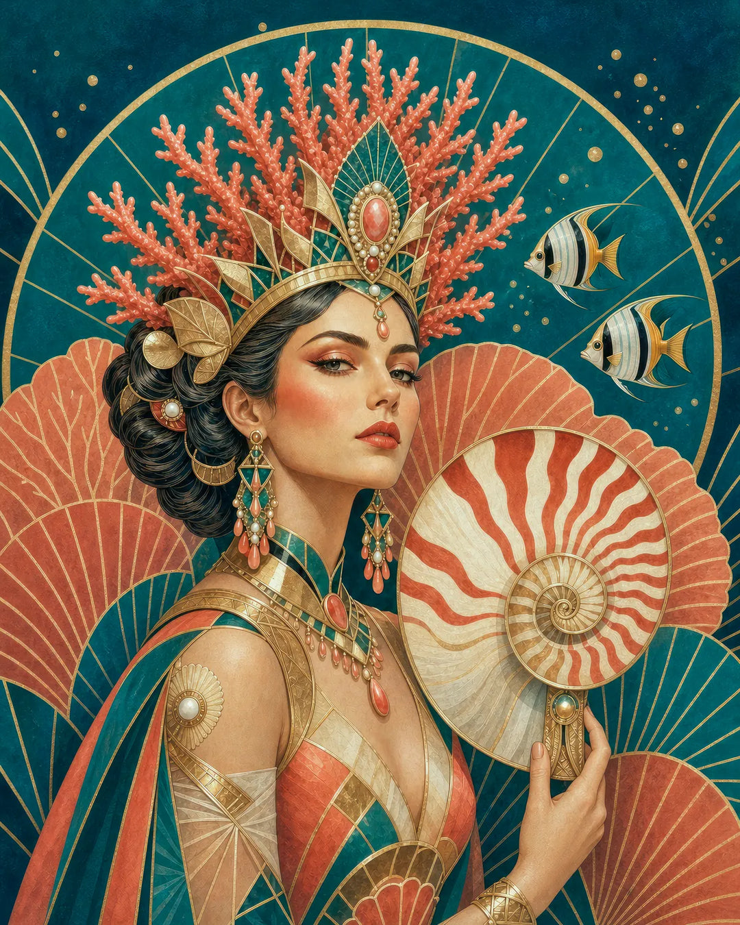 Crown of the Coral Court diamond painting kit - ocean queen with a coral headdress and nautilus shell fan