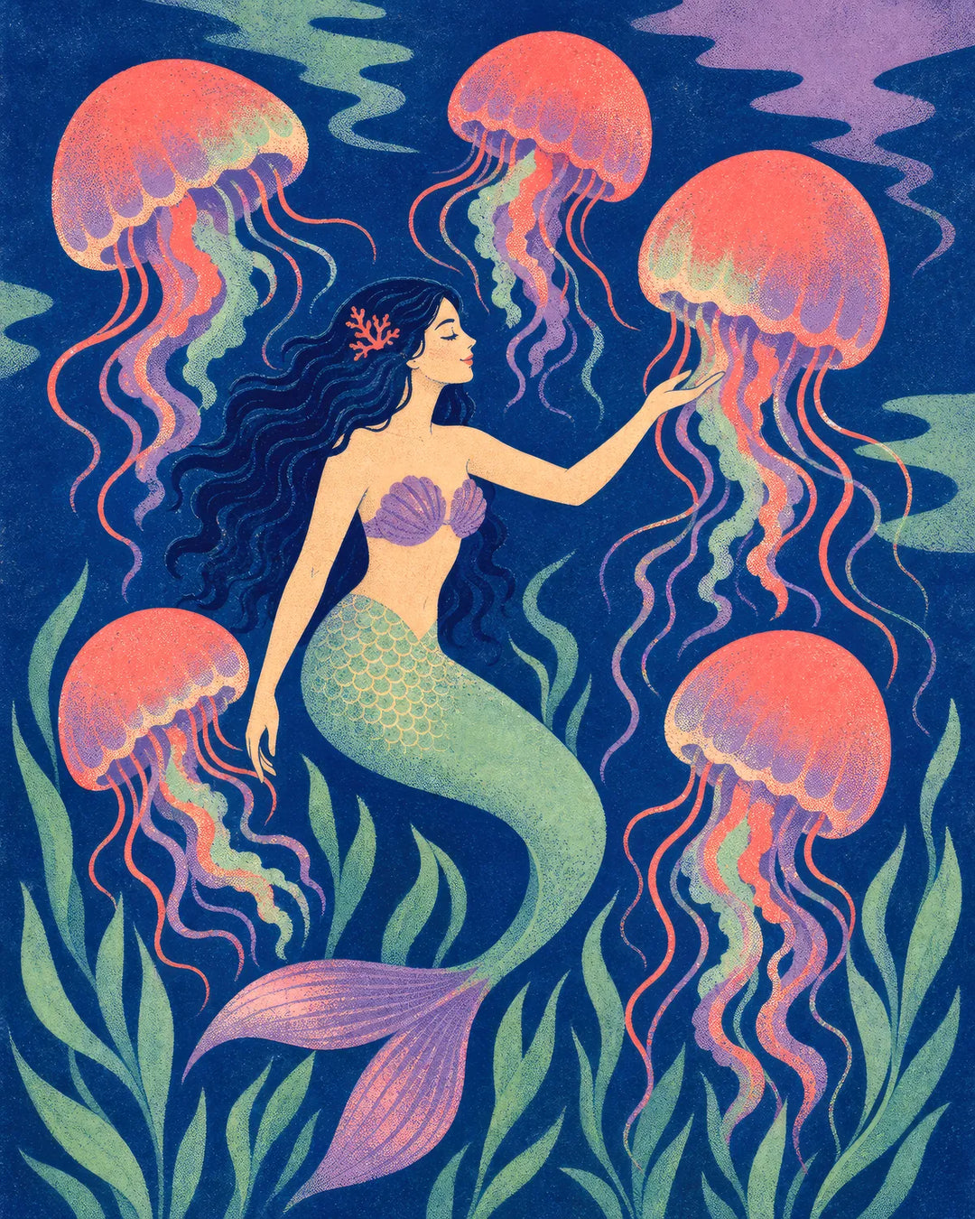 Dance of the Jellyfish diamond painting kit - mermaid reaching toward glowing jellyfish among seagrass