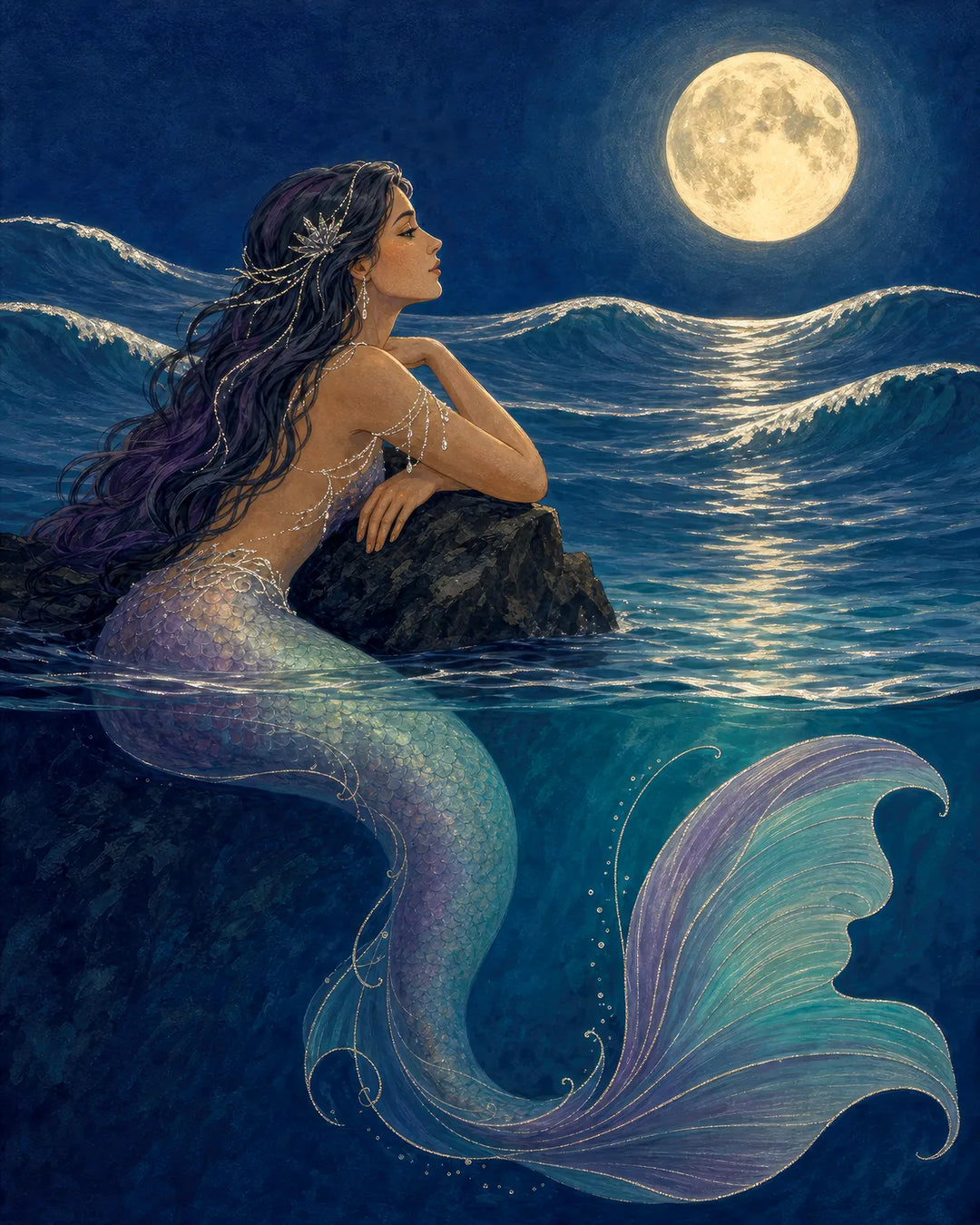 Between Two Tides diamond painting kit - mermaid resting on a rock beneath a full moon and rolling waves