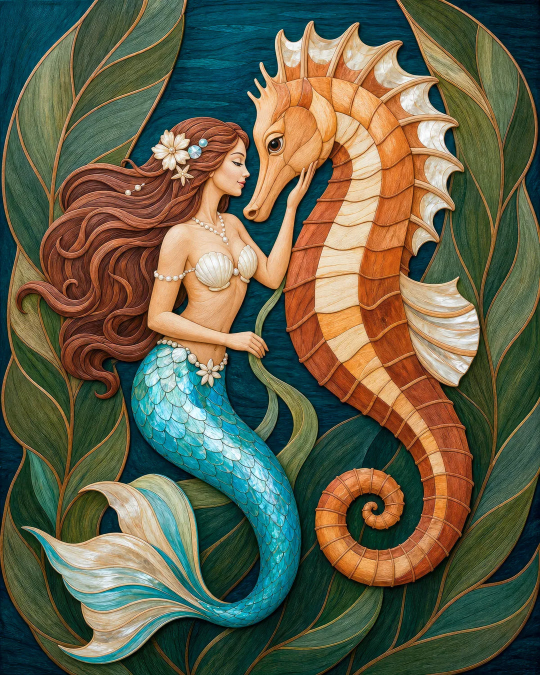 A Quiet Devotion diamond painting kit - mermaid resting her hand against a giant seahorse in wood-inlay style