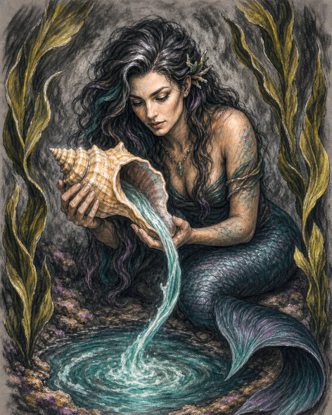 The Shell's Secret diamond painting kit - mermaid pouring glowing water from a conch shell