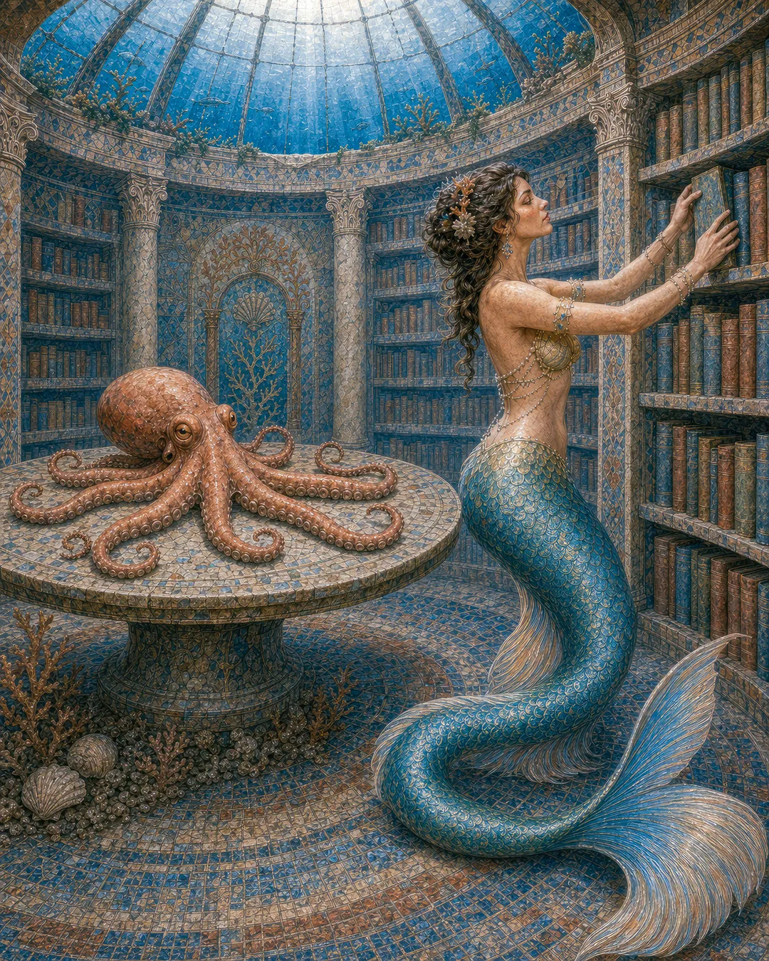 Keeper of Sunken Tales diamond painting kit - mermaid in an underwater mosaic library with an octopus