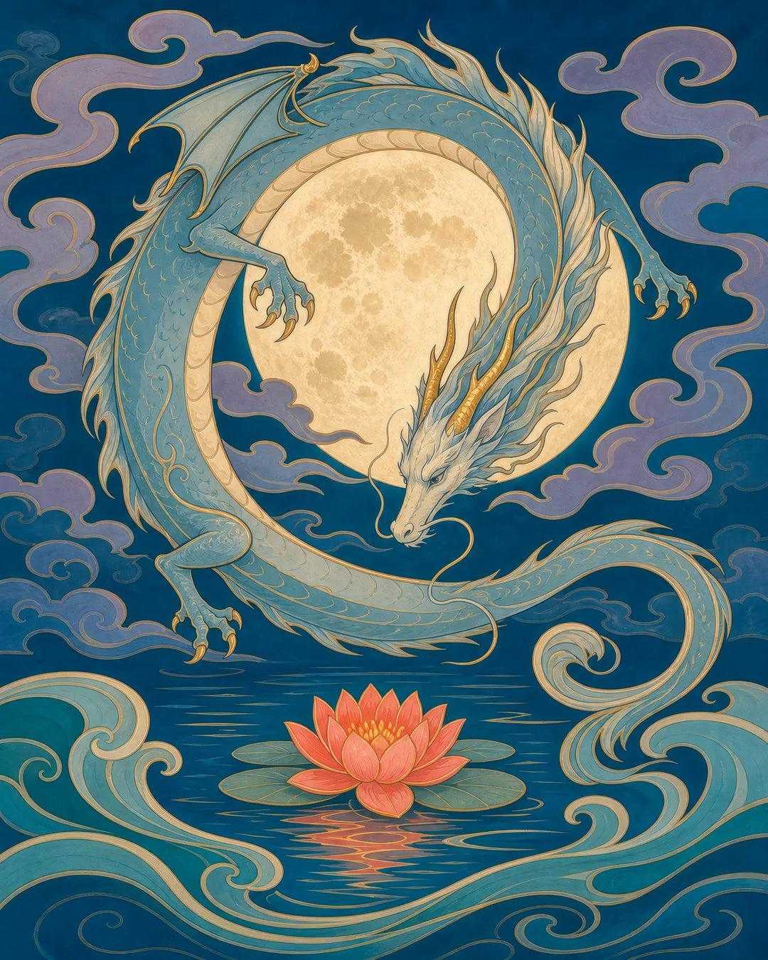 Guardian of the Moonlit Tide diamond painting kit - blue dragon circling a full moon above a lotus pond