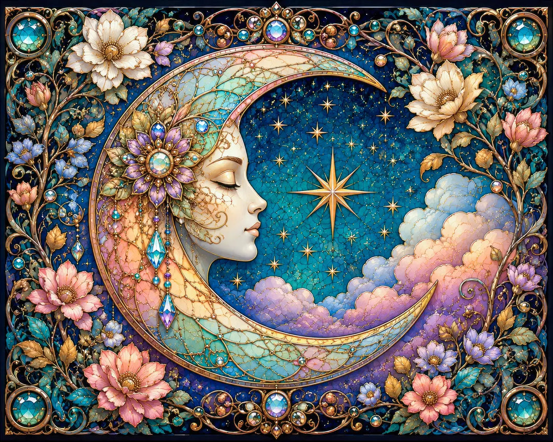 Moon goddess diamond painting kit featuring a serene face in a crescent moon with jeweled flowers and stars