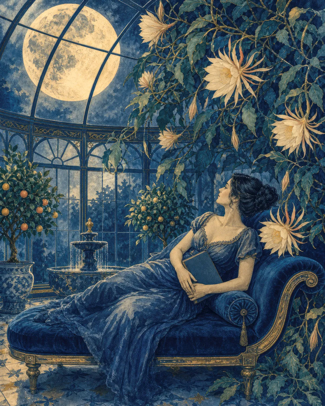 A Night for Dreaming diamond painting kit - woman reclining with a book beneath moonflowers in a conservatory