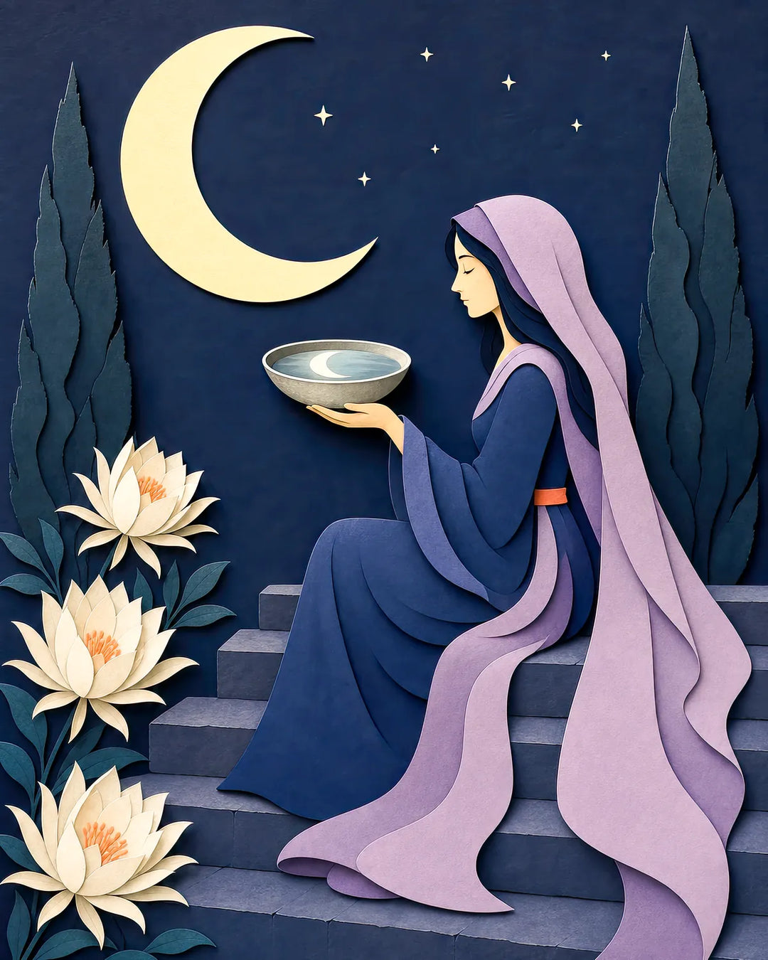 Vessel of Moonlight diamond painting kit - hooded figure holding a bowl reflecting the moon among lotus blooms