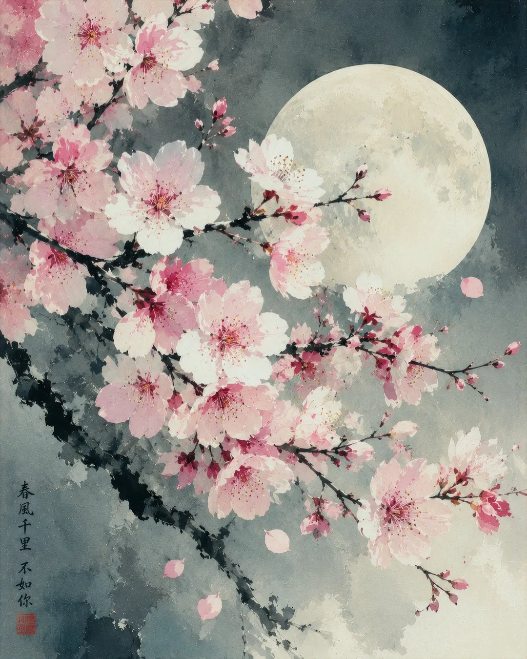 Moonlit blossoms diamond painting kit featuring pink cherry blossoms and a full moon in ink-wash style