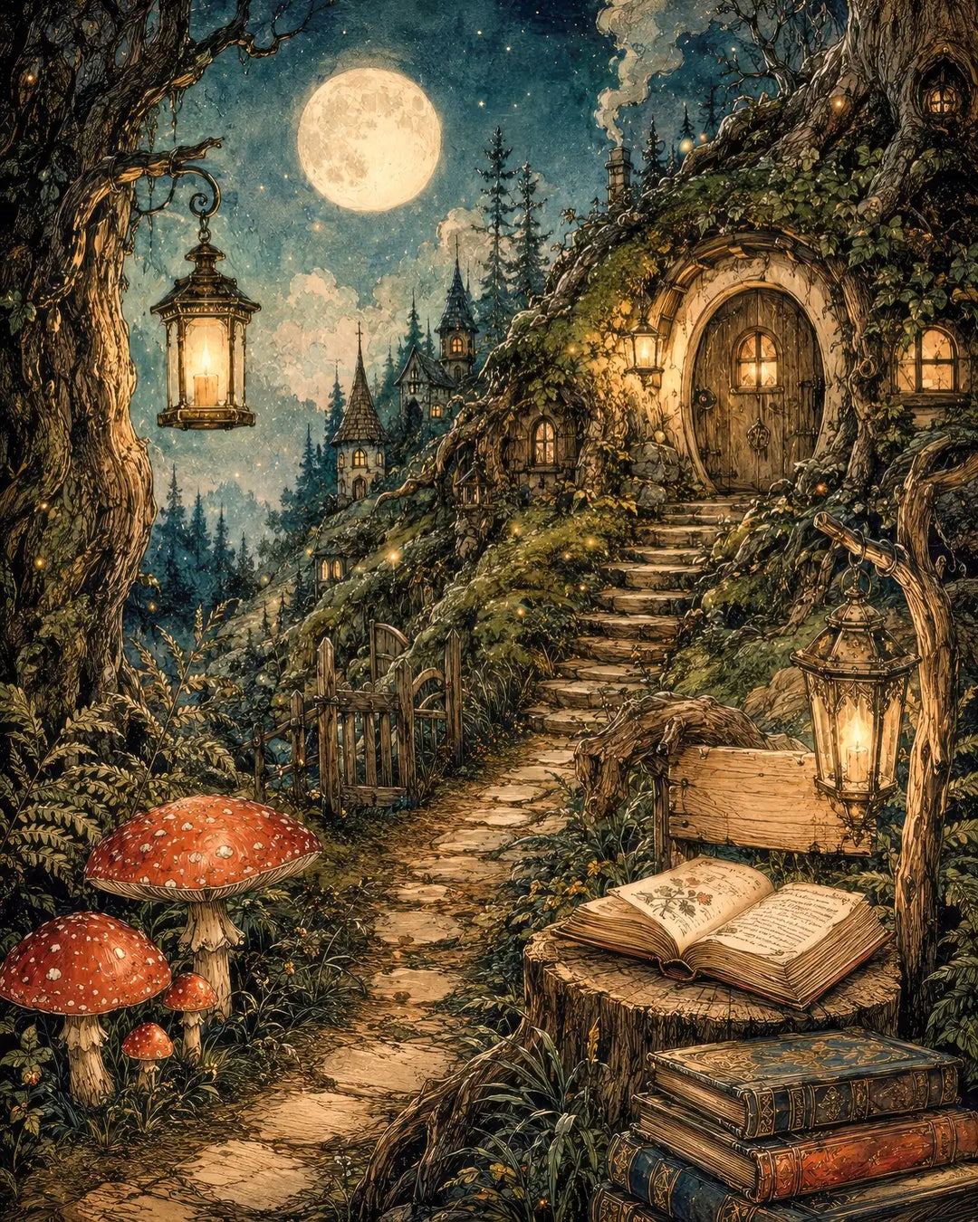 Moonlit cottage diamond painting kit featuring a glowing fairy-tale cottage with mushrooms under a full moon