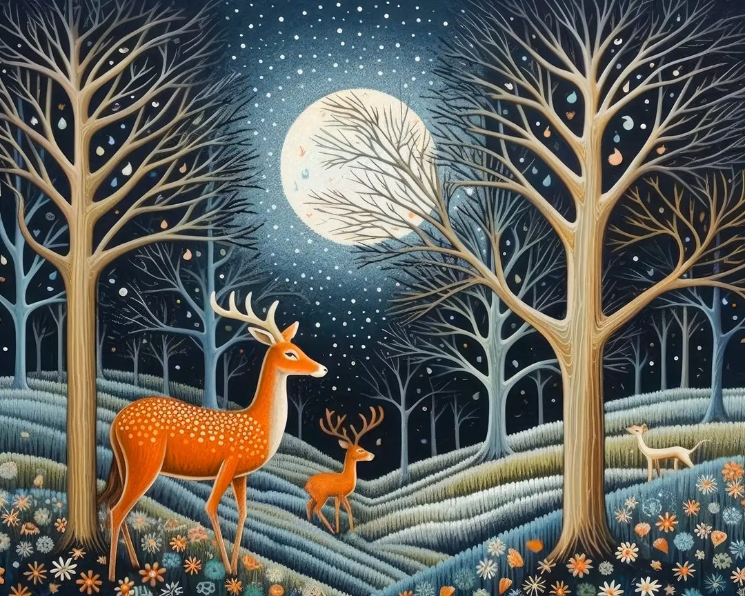 Moonlit deer diamond painting kit featuring a deer and fawn in a starlit forest clearing