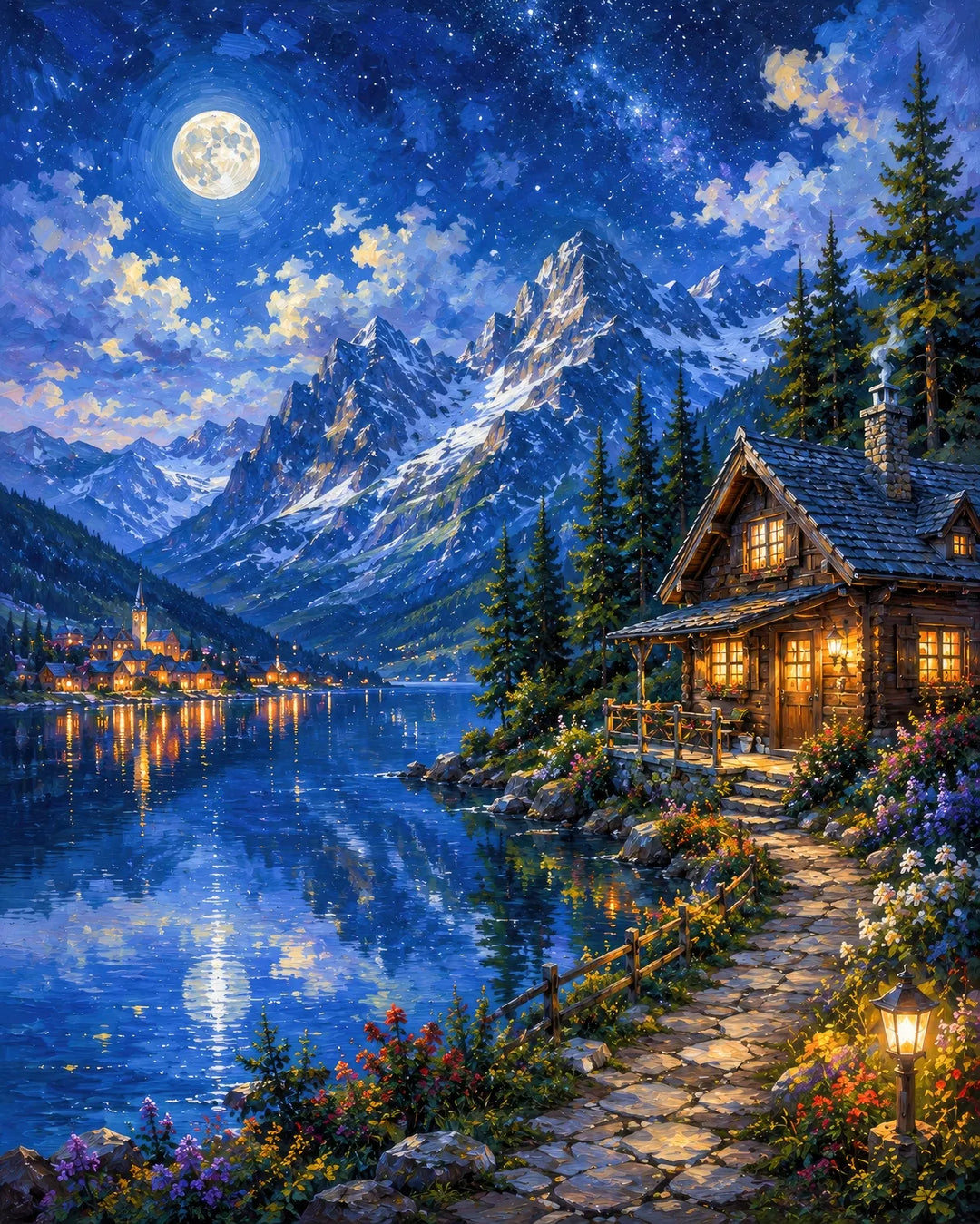 Moonlit lake cabin diamond painting kit featuring a glowing cabin by an alpine lake under a starry full-moon sky