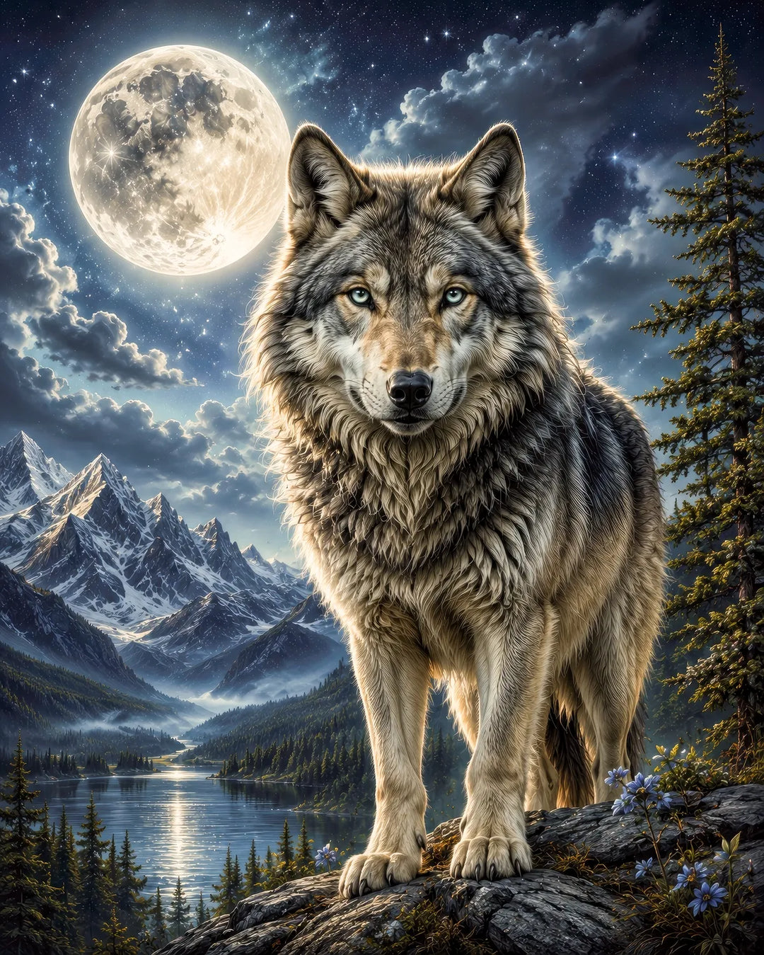 Moonlit wolf diamond painting kit depicting a grey wolf beneath a full moon with snowy mountains and a lake