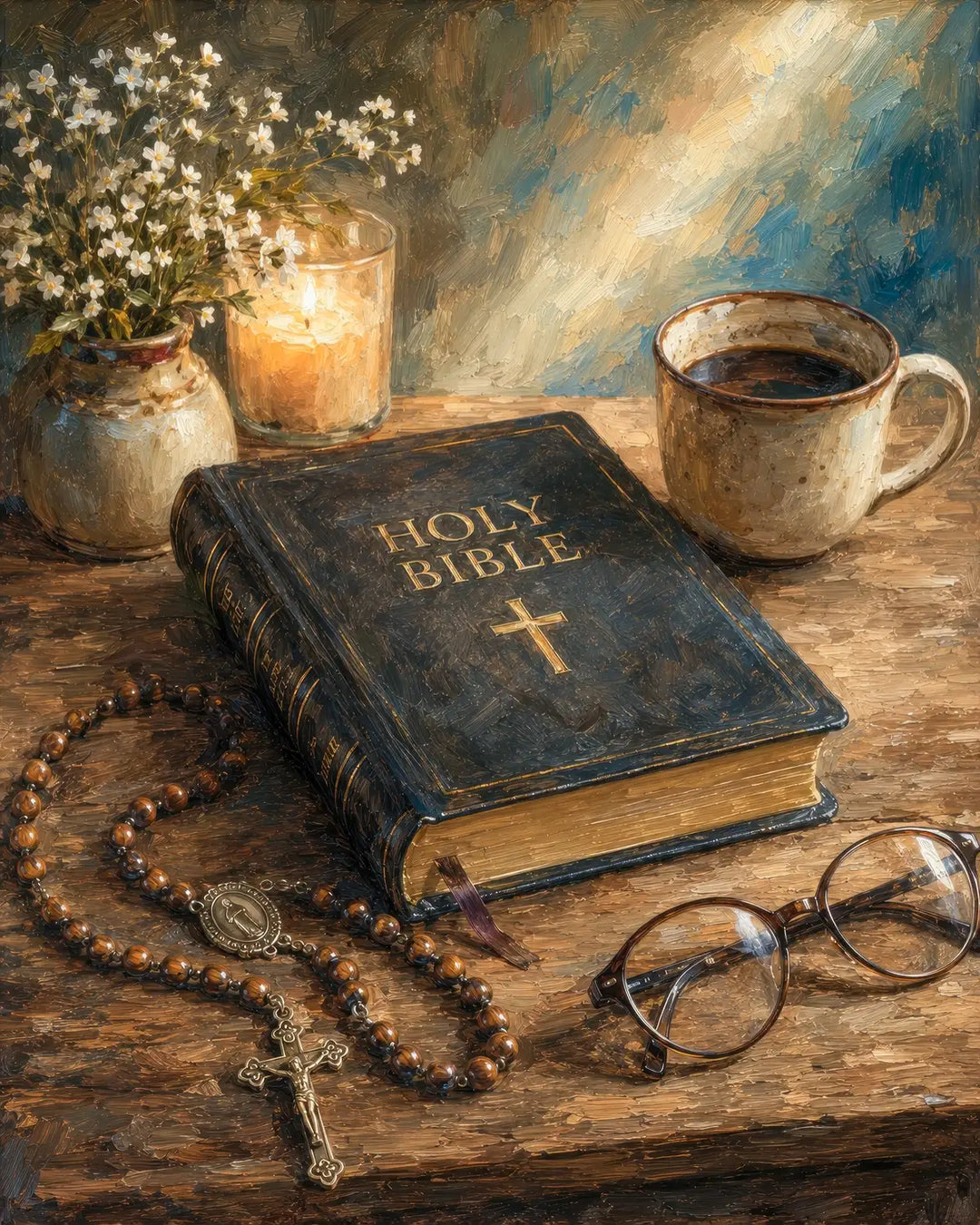 Morning Devotions diamond painting kit featuring a Holy Bible with rosary, glasses, candle, coffee, and wildflowers
