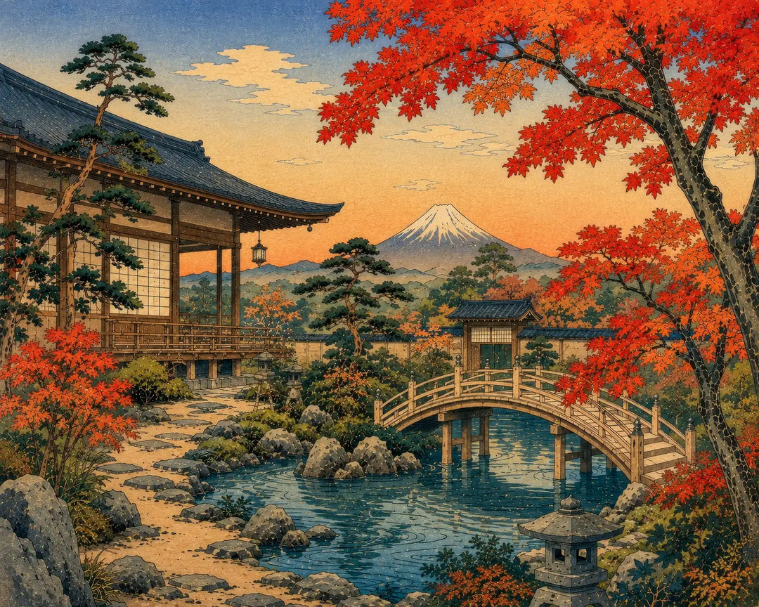 Mount Fuji garden diamond painting kit featuring a Japanese bridge, red maples, and Mount Fuji in woodblock style