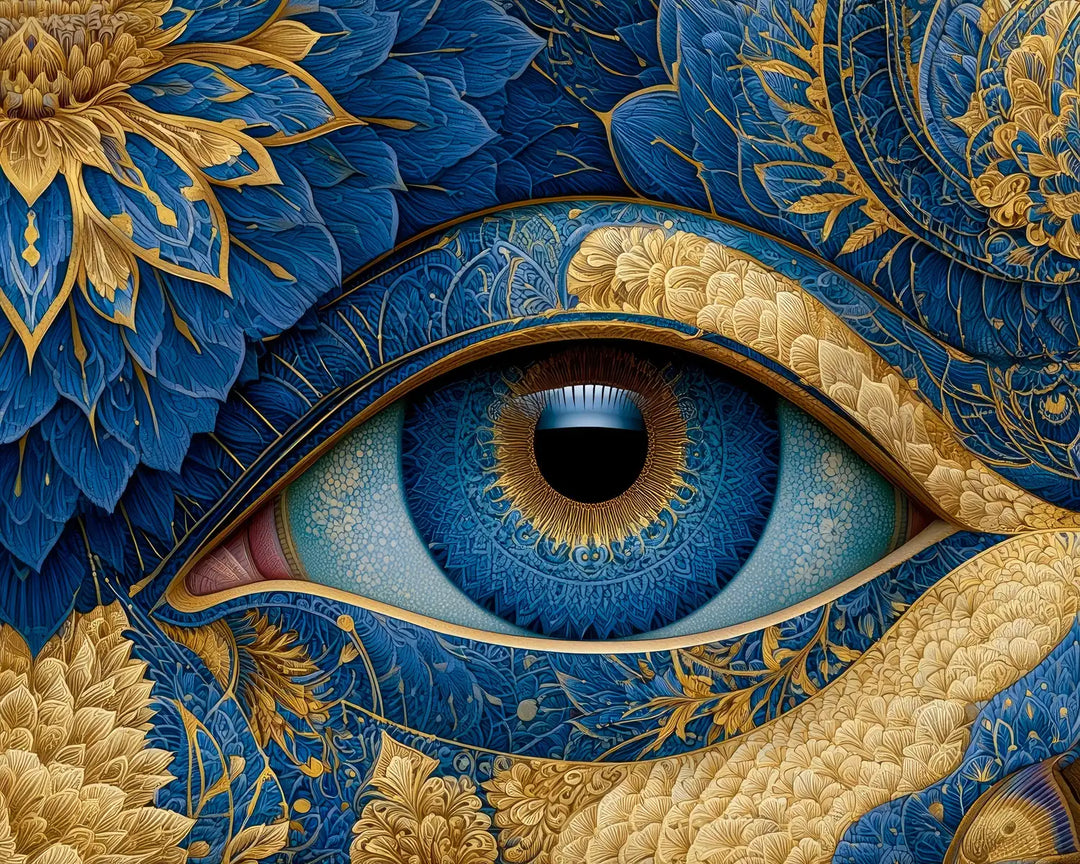 Mystic eye diamond painting kit featuring an eye amid blue and gold mandala patterns
