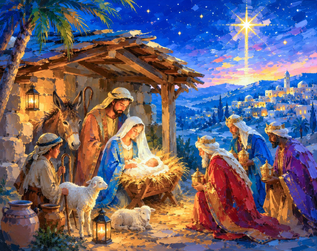 Silent Night in Bethlehem diamond painting kit - nativity scene with Holy Family, shepherds, and Three Wise Men under the Star of Bethlehem
