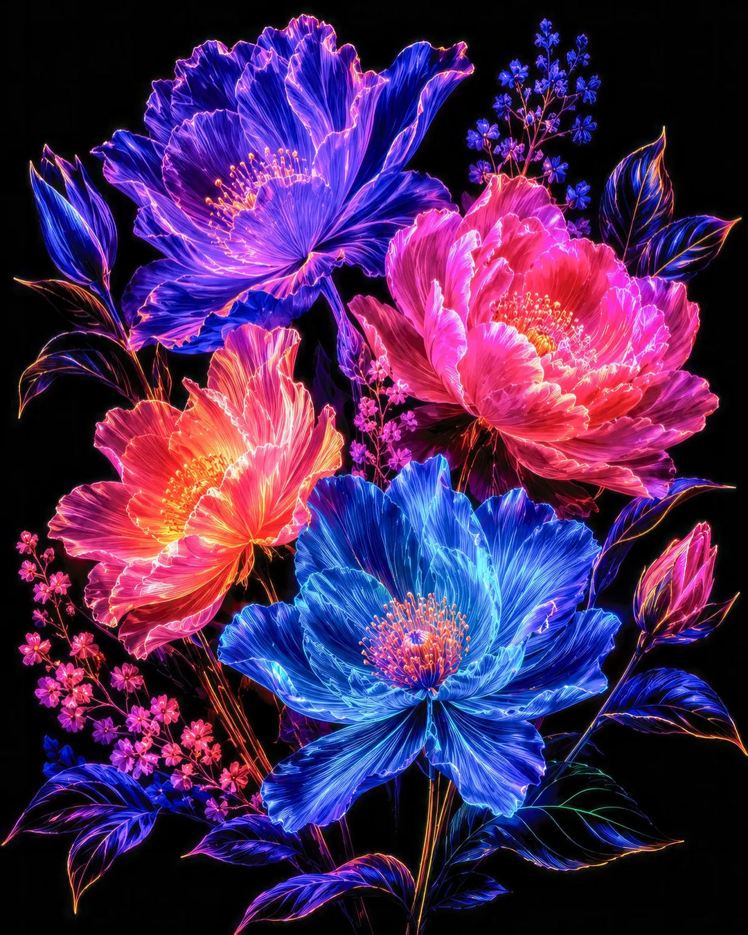 Neon blooms diamond painting kit featuring glowing blue, pink, and coral peonies on a black background
