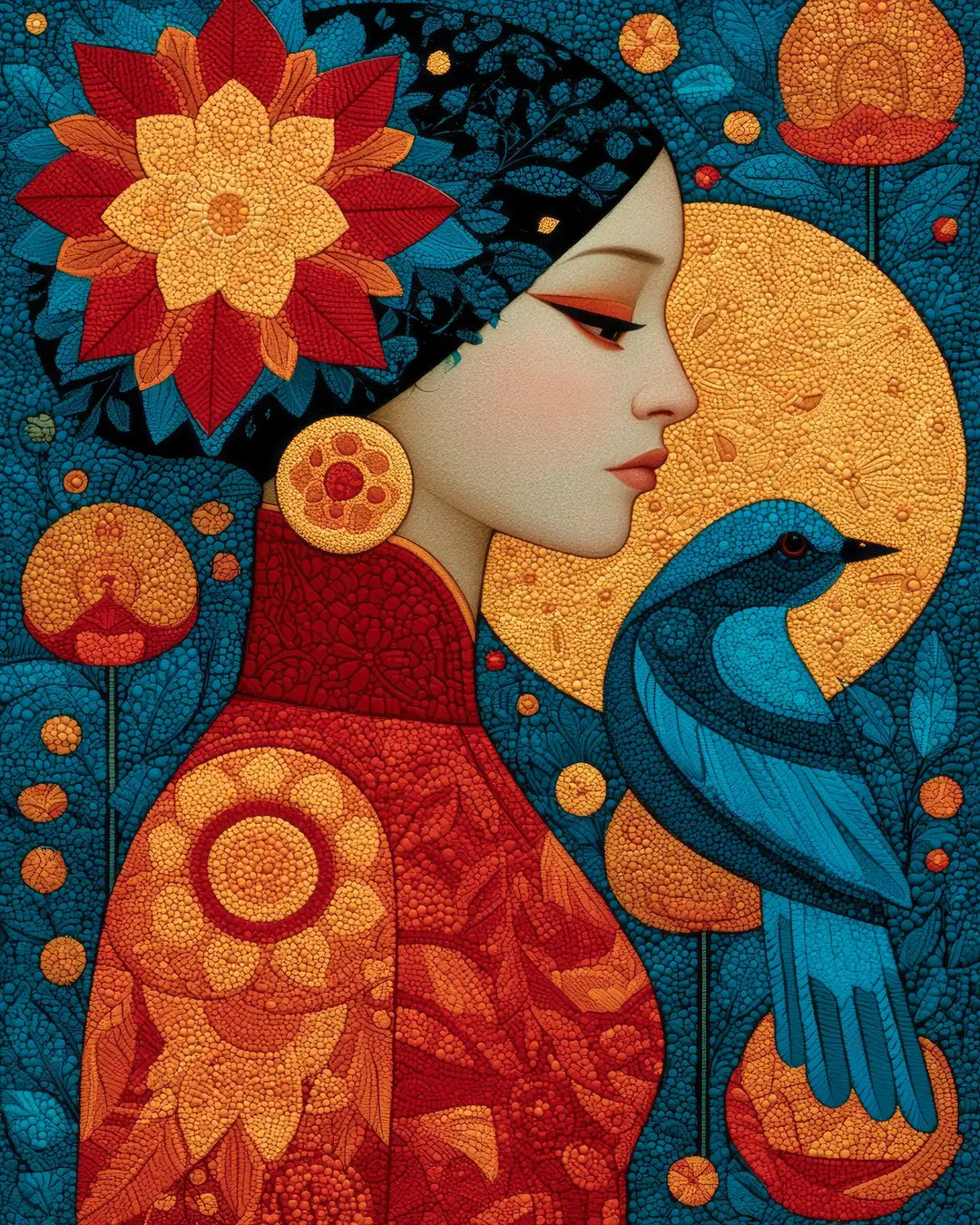 Nightingale diamond painting kit featuring a woman in profile with a blue bird among mosaic flowers