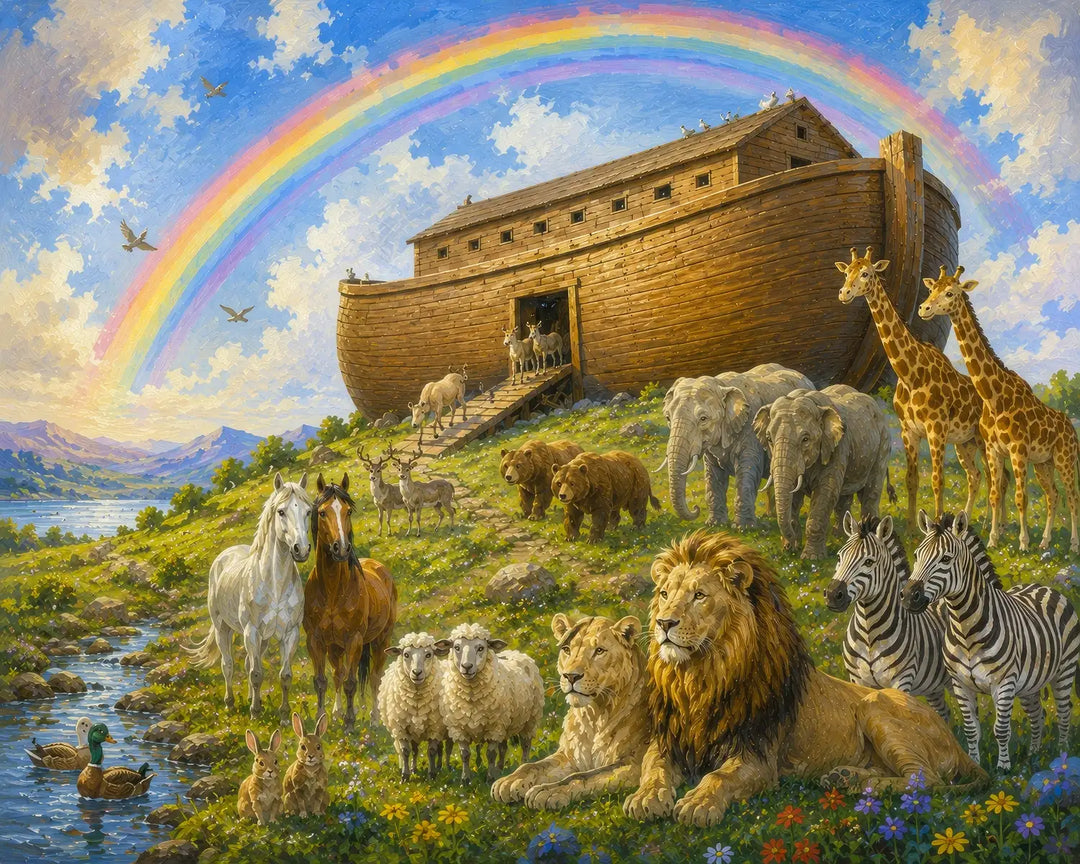 Noah's Ark diamond painting kit featuring animals gathering before the ark beneath a rainbow