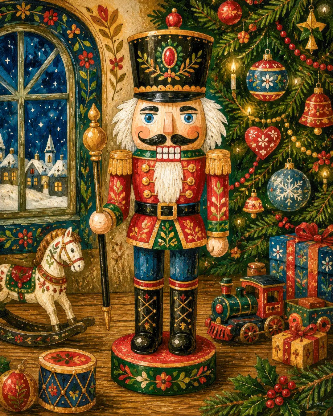 The Nutcracker's Watch diamond painting kit - nutcracker soldier beside a decorated Christmas tree and toys