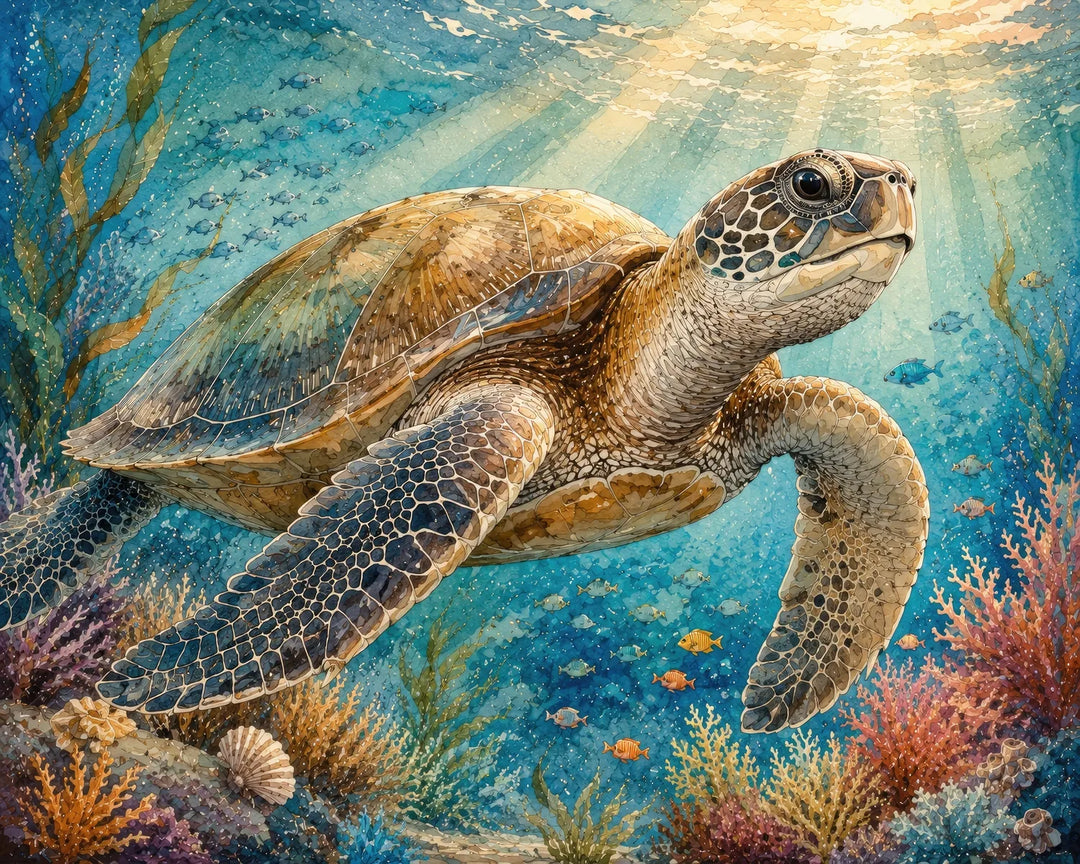 Ocean sea turtle diamond painting kit featuring a sea turtle gliding over a coral reef in sunlit watercolour style