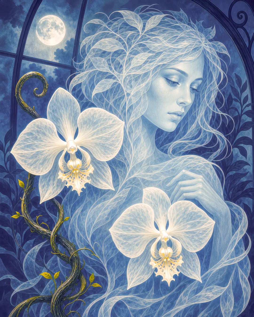 The Orchid's Ghost diamond painting kit - ethereal translucent spirit made of pale vines and glowing orchids