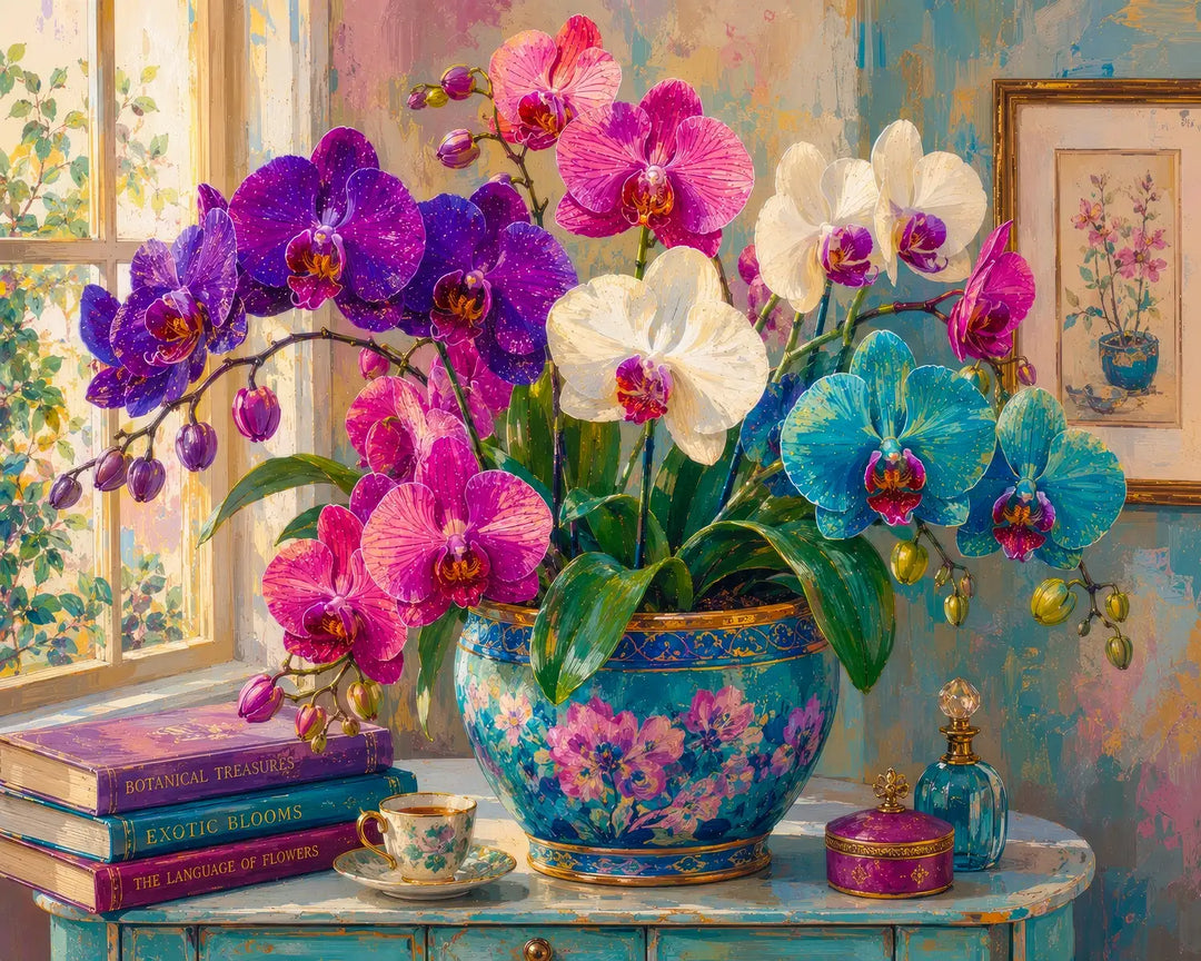 Orchid still life diamond painting kit featuring purple, pink, and blue orchids in an ornate pot with books