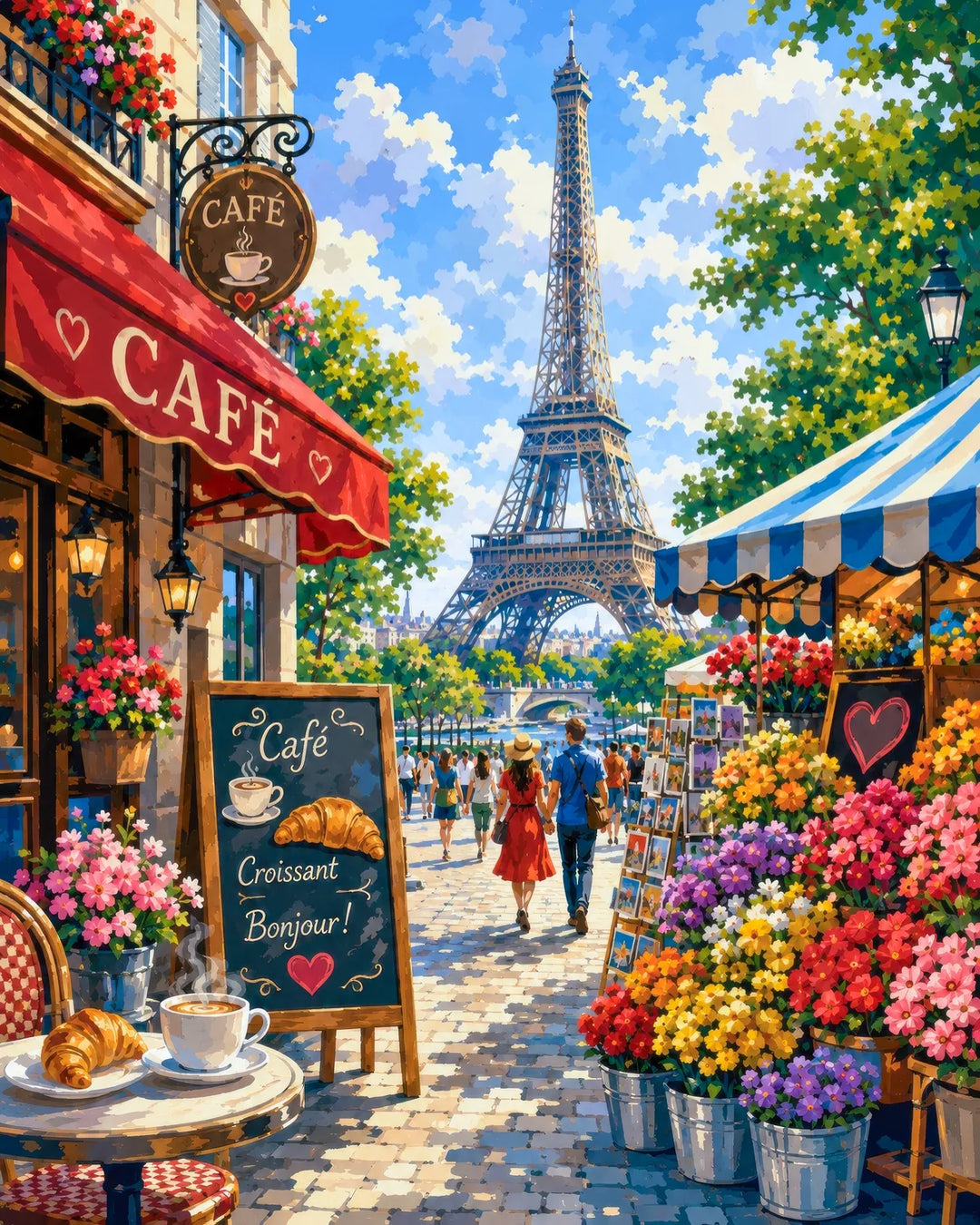 Paris in Love diamond painting kit featuring a couple by a café and flower market near the Eiffel Tower