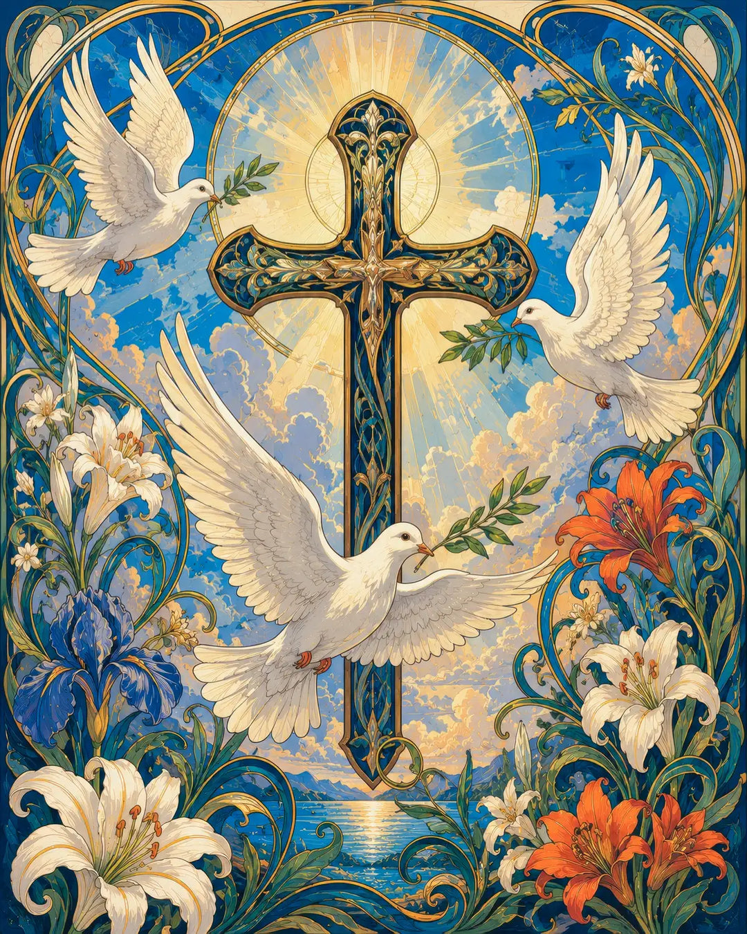 Peace Be With You diamond painting kit featuring an ornate cross with white doves, olive branches, and lilies
