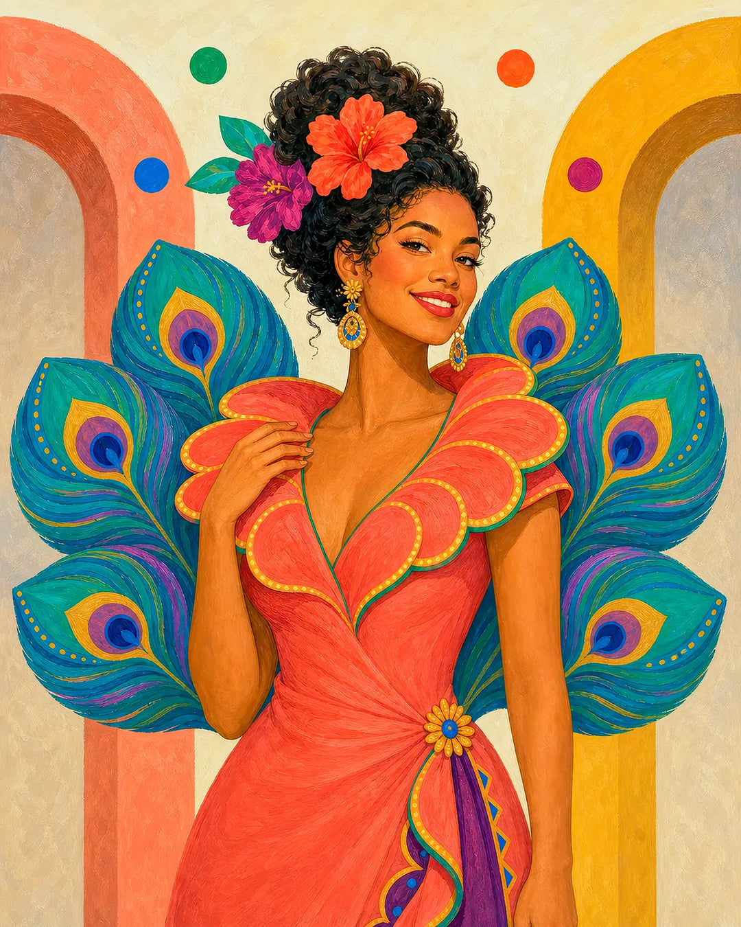 Feathers and Firelight diamond painting kit - woman with peacock feather sleeves and a hibiscus crown
